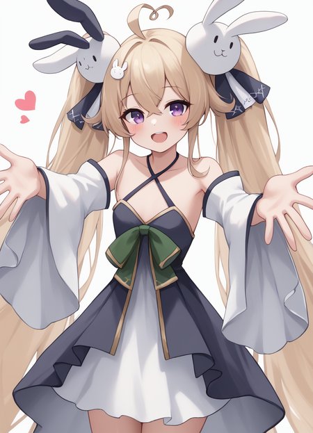 score_9, score_8_up,
1girl, solo, long hair, looking at viewer, blush, smile, open mouth, blonde hair, hair ornament, long sleeves, dress, hair between eyes, bare shoulders, twintails, very long hair, purple eyes, collarbone, ahoge, :d, heart, detached sleeves, wide sleeves, halterneck, outstretched arms, rabbit hair ornament,
<lora:attilioXL:1>