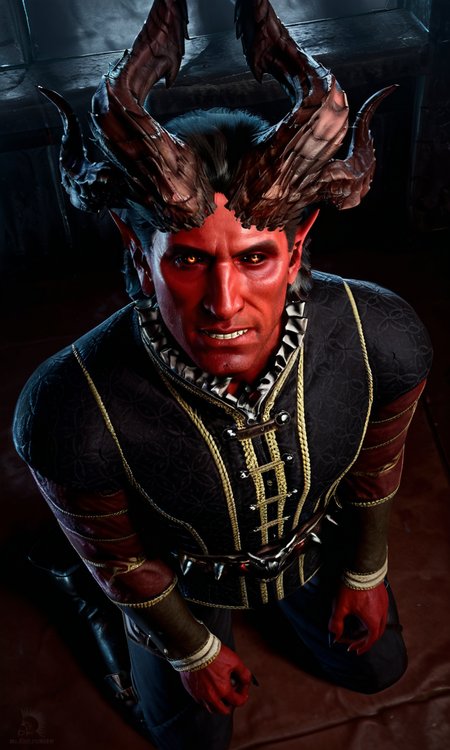 score_9, score_8_up, score_7_up, BREAK 1boy, solo, photorealistic, realistic, photo, film grain, male focus, short hair, black hair, orange eyes, black sclera, colored sclera, colored skin, red skin, demon boy, demon horns, multiple horns,  kneeling, mature male, v-neck, chest hair, frills, belt, formal, looking at viewer, BREAK dark, from above, teeth, viewer holding leash, raphael \(bg3\), <lora:bg3_raphael-000009:0.9>