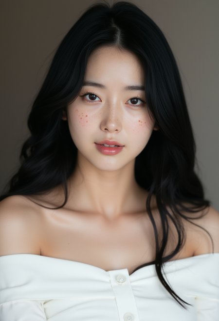 photo of a korean woman,1girl,solo,black hair,realistic,long hair,looking at viewer,upper body,lips,freckles,parted lips,collarbone,bare shoulders,shirt,black eyes,white dress,off shoulder,