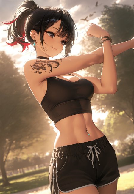 masterpiece, best quality, very aesthetic, absurdres, newest, highres, absurdres, dynamic lighting, sharp focus, depth of field, ambient occlusion, dynamic angle, dynamic pose, blurry background, evening, outside, cloudy, park, trees, shade, greenery, birds,

1girl, adult, sporty, toned, tanktop, cleavage, midriff, shorts, bracelet, high ponytail, black hair, (red highlights:0.8), choker, earrings, tattoo, stretching, smile, medium breasts, navel piercing, Enchanting Eyes