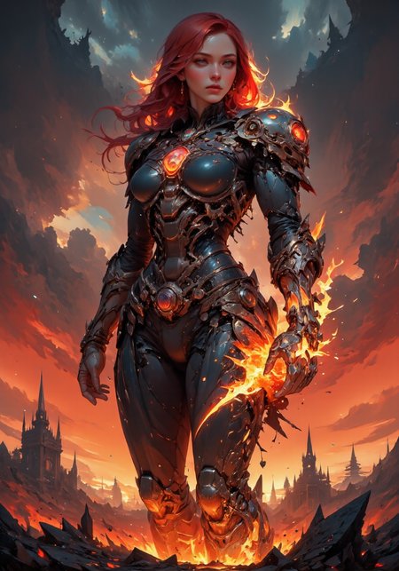 A fierce, armored woman with glowing red eyes, engulfed in flames, stands in a post-apocalyptic battlefield. Her red hair flows with the heat of the fire surrounding her, while her black and crimson futuristic armor pulses with energy. She clenches her fists, and flames burst out from her body, igniting the ground beneath her. The sky above is dark and filled with swirling ash, and debris floats through the air as she prepares for battle. The camera tracks her from a low angle, slowly zooming in on her face as her eyes burn brighter. As the scene intensifies, a wave of fire erupts from her, engulfing everything in its path. More: The scene takes place during a fiery sunset, with a dark red sky. Embers float in the air, creating a tense and dramatic atmosphere. Intense lighting highlights her armor and the fire, emphasizing her power.
 <lora:DarksunRIDDV3:0.6> <lora:flux_hyperkraximalism-crazy:0.6> <lora:Midjourney_-_SemiReal_Dreams_FLUX_LoRA:0.6> <lora:CPA:0.6> <lora:BLUE_mk4_angel_FLUX_01:0.6> <lora:BioInk2FLUX:0.6>