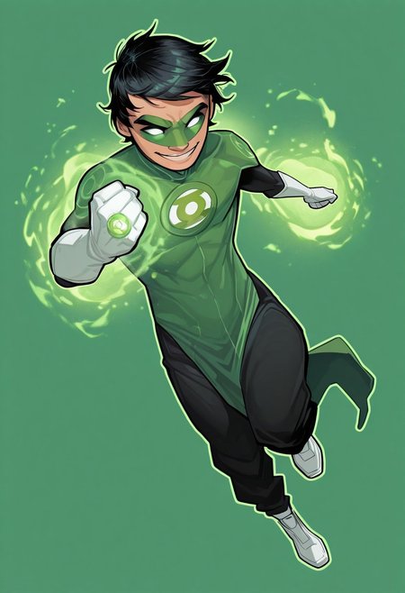 masterpiece, absurdres, high quality, perfect anatomy, 1boy, solo, cute boy, male focus, TaiPham, Black Hair, Green Lantern Ring, Green Lantern Costume, Green and Black Bodysuit, Green Domino Mask, White Eyes, White Gloves, Pelvic Curtain, Black Pants, White Shoes, Glowing Green Outline, Green Energy Aura, floating, levitating, big smile, cinematic, intricately detailed illustration, depth of field, masterpiece, best quality, amazing quality, very aesthetic, absurdres, newest, very awa,  shadow, dynamic angle, casual cosplay, dynamic pose, simple background, green theme, Arwe, Dynamism, Foreshortening