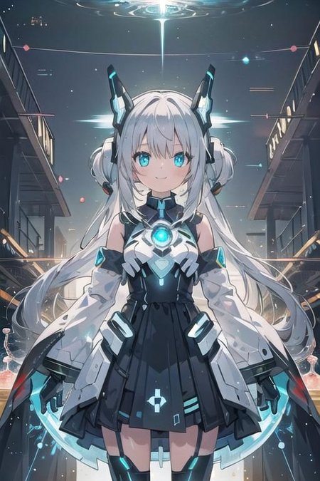 (masterpiece), (science fiction:1.4), 1girl, standing, smile, silver hair, aqua eyes, headgear, long sleeves, detached sleeves, glowing energy clothing, light particles
