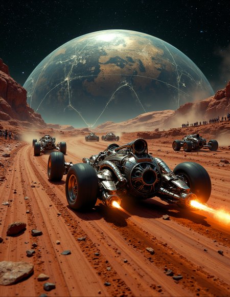 (The distant future. Mars, under a transparent dome, with a black starry sky and a large sun on top. )A race of futuristic dragster flyers over a short distance. Fancy cars, huge rear wheels, smoke and sparks from exhaust pipes, acceleration at the start, clouds of dust from under the wheels. There are spectators in the background, camera flashes.
 
Depth of field, masterpiece., Hasselblad 500C camera, 20mm medium-format film. full body. 
An otherworldly atmosphere, Mysticism.

anamorphic blur background style, anamorphic film style,

the depth and texture of the frame, the intriguing composition of the frame.
impressive lighting, analog photography, cinematography, unimaginable quality, 8K, UHD, 

 (Depth of field), low saturation,detail. 