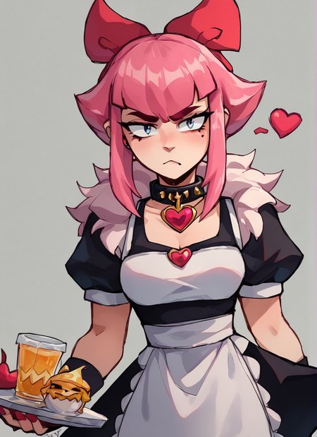 score_9, score_8_up, score_7_up,  <lora:bsmelodie:1>  bsmelodie  , fur trim ,  1girl, solo ,  pink hair,  hair bow  ,black collar ,neck heart   , maid dress , maid  ,  waitress, confused face ,  looking at viewer,