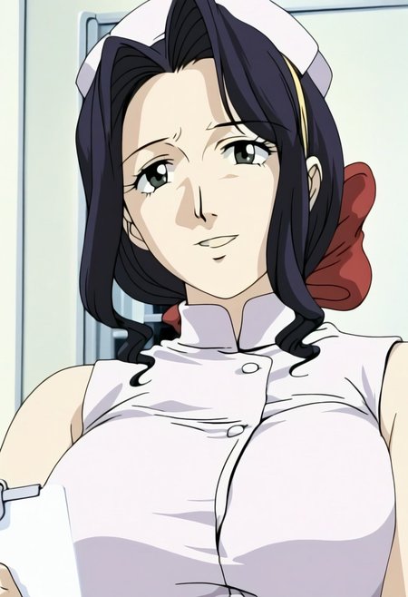 (huge breast),housewife,black hair,medium hair tied by red hairbow yellow headband, middle aged, thin eyebrow,round solid breast,(older woman,beautiful body),mature mom, hourglass shape_body,moles, moles under left eye,warm face,middle aged face(wise),(saggy_breast:1.0),look to viewer,less color, (realistic body, realistic face,detailed face,detailed hair),old anime artstyle,parted_mouth,shining_eyes,retro artstyle, anime screencap, source anime, perfect face, perfect body, ,open_mouth, smile
bmstyle anime nurse woman: A curvy nurse with medium breasts in a tight white uniform that clings to every curve, with a short skirt that rides up just enough to show off her thighs. She's leaning over a hospital bed, holding a clipboard, her soft smile sharp with a playful edge. The dim glow from the medical equipment casts an alluring glow across the sterile room. sleeveless
hip level shot, dutch angle