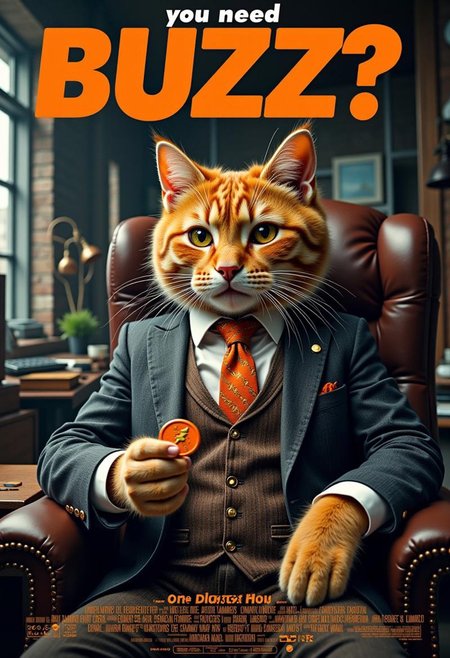 a realistic picture,((((Display the text " you need buzz loan??" on top a movie poster))))
Movie poster of orange cat mafia, the orange cat sitting in chair, wearing luxurious bussines suit, hand offer BUZZ COIN,( the usual stacks of cash  Instead, the shelves are lined with small, neatly arranged coins, each shaped like a tiny, stylized orange lightning bolt. The coins are labeled as "Buzz." ))8k, ultra detailed, 
BREAK, background, at the office, many computer with large screen monitor, inside office, high rise building with big windows,  <lora:cashbaba:0.6>  <lora:xl_more_art-full_v1:0.5> I  background:  logo:1.9 <lora:Harrlogos_v2.0:1.9>, (full body shots),