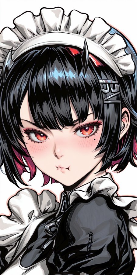 {{amazing quality, best quality, high quality, very aesthetic}}, 1girl, solo, looking at viewer, simple background, ellen joe, pout, blush, maid uniform, hair headdress
 <lora:Artgerm_Sketch_Illustrious:1>