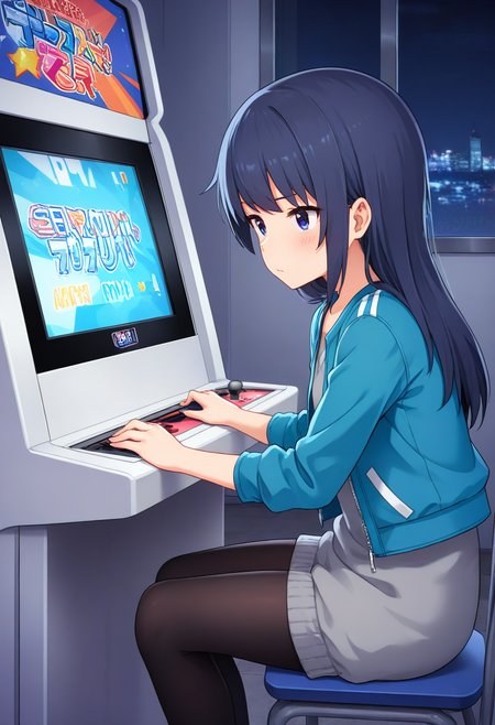 masterpiece, best quality, absurdres, very aesthetic, general, 1girl, mtmdef, mtm, dark blue hair, jacket, (grey sweater dress), wrist, black pantyhose, BREAK
game center, scenery, arcade cabinet, scenery, playing games, sitting, chair, indoors, night, <lora:ILmutsumiAGA:1>  <lora:gamecenter_pony_V1:0.7>
