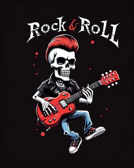 (text logo: ROCK & ROLL: 1), Skull playing guitar t-shirt design, flat colors, (black background), <lora:Harrlogos_v1.1:1> <lora:last:1>