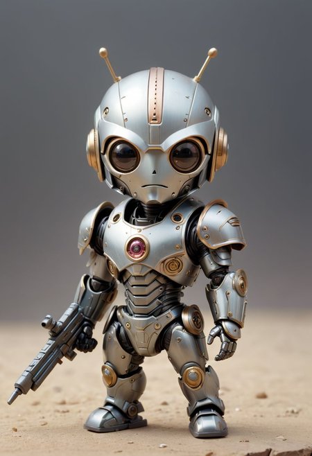 Cute little happy miniature chibi futuristic robot with big comically weapon , wearing armor and plated armor, holding weapon