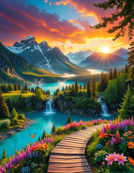 A breathtaking, high-resolution photograph of the most beautiful place on Earth, where natureâs wonders blend in perfect harmony. Towering, snow-capped mountains rise majestically in the background, their peaks glowing under the golden hues of a setting sun. Below, a crystal-clear turquoise lake reflects the colors of the sky, surrounded by lush, green forests filled with ancient trees, vibrant wildflowers, and cascading waterfalls. A soft mist rises from the valley, adding a dreamlike quality to the scene. In the distance, rolling meadows stretch toward the horizon, dotted with colorful flowers and serene wildlifeâgraceful deer grazing, birds soaring in the sky, and butterflies dancing in the breeze. A wooden footpath winds through the landscape, leading to a secluded, tranquil spot where the beauty of nature can be fully admired. The air is crisp and filled with the soothing sounds of rustling leaves, flowing water, and distant birdsong. The sky above is a masterpiece of colorsâdeep oranges, purples, and pinks blending seamlessly as the sun sets, casting a magical glow over this untouched paradise. The atmosphere is peaceful, awe-inspiring, and filled with a deep sense of wonder and tranquility, as if stepping into a perfect dream.
<lora:SDXLFaeTastic2400:0.4> <lora:extremely_detailed:0.4> extremely detailed, <lora:Earth_P4r4d1s3:1>,Earth P4r4d1s3, Masterpiece,best quality,hi res,8k,hi res,8k,award winning,(sharp focus, intricate, highly detailed),