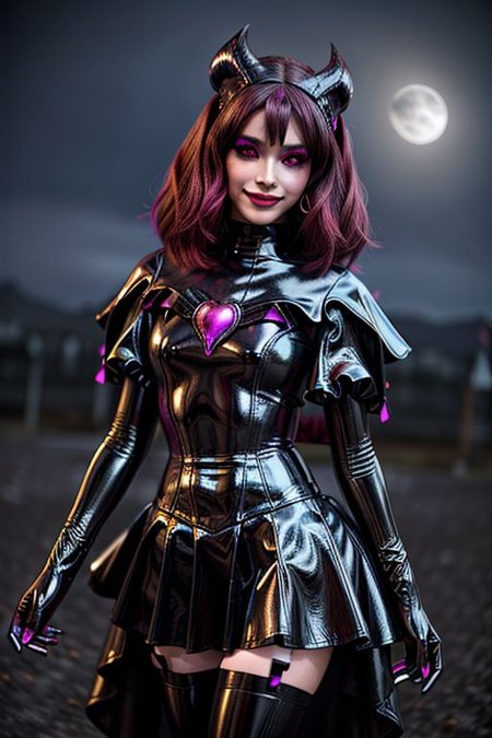 SuccubusT, EvlSM, MEvil, Bad_End_Precure, DarkPrecure, adult, evil corrupted princess wearing dark pastel (ruffled:1) (gleaming latex:1)  gown with (long latex cape:1) and latex elbow gauntlets, soft lighting, ruffles,
(red eyes, colored skin, glowing eyes, evil smile),
(makeup, lipstick, mascara, eyeshadow),
(demon horns, demon wings),
<lora:more_details:1>,