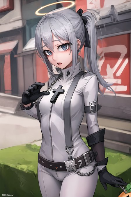 ((masterpiece)), (best quality), (detailed), (1 girl), <lora:jack:0.5>,jack-o' valentine,red hair,white bodysuit,gloves,halo,cross,belt,chain,<lora:lifeWithSylvieTeachingFeeling_v1:1>,tf_silver_,pet