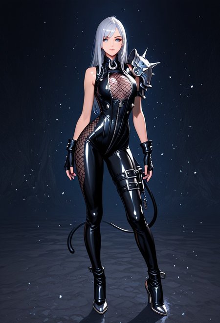 (score_9, score_8, score_7), masterwork, masterpiece, best quality, beautiful eyes, beautiful face, detailed eyes,detailed face, onebarprision, 1girl, tight black bodysuit, leather catsuit, glossy material, high collar, metal choker, front zipper, netted mesh chest panel, sleeveless, fishnet side panels, armored shoulder pad, fingerless gloves, high heels, silver trims, corset style front, thigh strap buckles, asymmetrical leg design