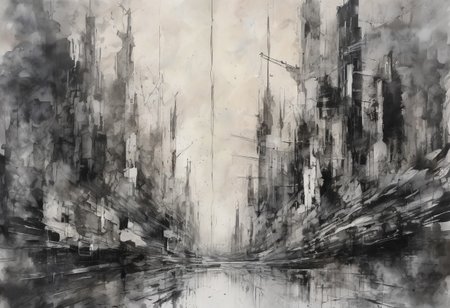 void, left blank, vacant space, ultra fine painting, water wash ink splash, cyberpunk bark mega city, unbalance composition