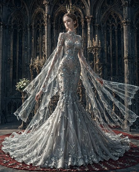 1girl, silver, mermaid-line wedding dress, <lora:WD-XLPony_v003:0.8>, 
HD, see-through, cathedral, red carpet, romantic, delicate design, persona, crown braid, lace applique, sophisticated, detailed craftsmanship, 
John William Waterhouse style, score_9, score_8_up, score_7_up , source_anime, masterpiece, best quality, perfect anatomy , very aesthetic , absurdres