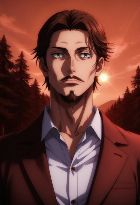 score_9, score_8_up, score_7_up, source_anime, intricate details, anime screencap, perfect balance, official art, extremely detailed CG unity 8k wallpaper, perfect lighting, Colorful, Bright_Front_face_Lighting, (masterpiece:1.0),(best_quality:1.0), ultra high res,4K,ultra-detailed, photography, 8K, HDR, highres, absurdres:1.2, Kodak portra 400, blurry background, bokeh, lens flare, (Anime) (vibrant_color:1.2), professional photograph, night, (good_face:1.2), 2d, anime, upper body, intricate iris, American, Professional character design, 1man, male focus, Green eyes, perfect eyes, (brown hair), (brown facial hair), (brown beard), (Full mustache), ((brown mustache)), (Thick Mustache), (brown beard), (brown beard), white dress shirt, 1970s, tan trench coat, mature, masculine, solo, jujutsu_kaisen_style, character portrait, (Dramatic, Intense, epic, perfect-lighting, lens flare), face, torso, (checkered backdrop), (older man) (Middle-aged) (medium-length hair) (Charming) (Charismatic) (Gentleman) (Sophisticated) (dapper) ((Dark Black Eyeliner)) (Black Eyeshadow) (Eyes Dark Circles) (Sunken eyes) (exhausted eyes) (Tired eyes) (Shadowy Eyes) (Kind) (Friendly) (Happy) (Outdoors) (Nature) (Sunshine)
