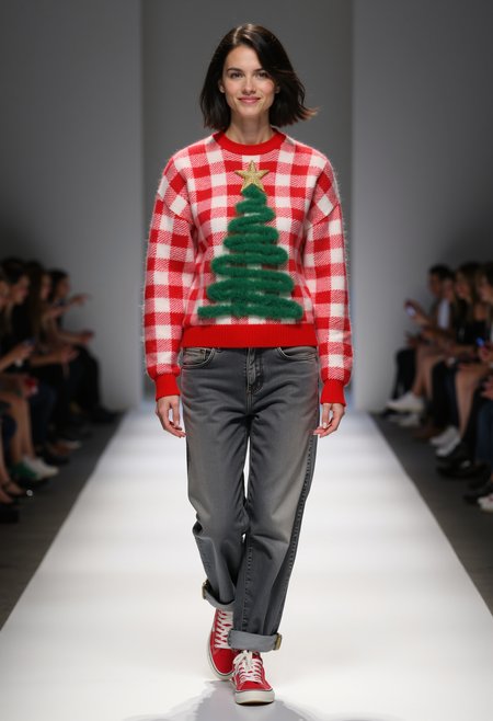 clo031, full body shot, beautiful woman, black short hair, smiling, wearing a red-and-white checkered knit sweater with a fuzzy green Christmas tree design and a gold star on top, soft textures, paired with relaxed cuffed gray jeans and red sneakers. walking on a catwalk