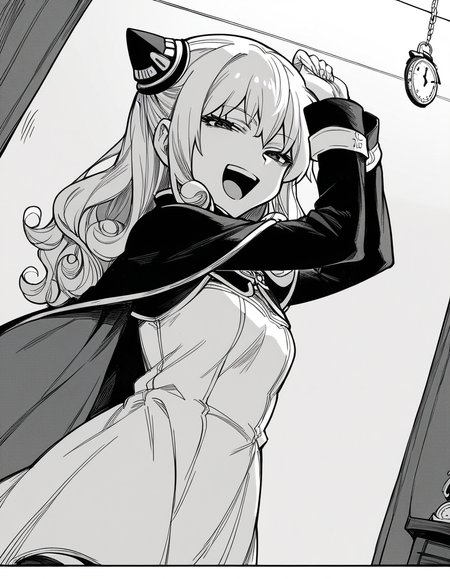 score_9, score_8_up, score_7_up, source_anime, <lora:ashe-talton-manga-ponyxl-lora-nochekaiser:1>, rengoku ashe, long hair, greyscale, monochrome,, thighhighs, long sleeves, capelet, cape, dress, white dress,, bedroom, alarm clock, morning routine, yawning, stretching, smile, looking at viewer, solo,, cowboy shot, dutch angle