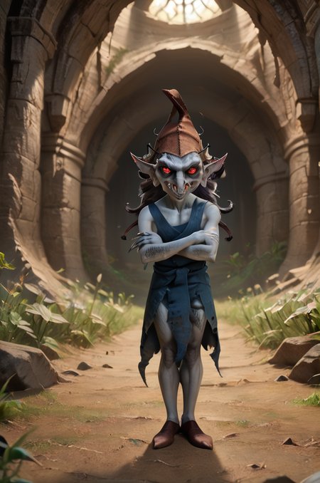score_9, score_8_up, score_7_up, (goblin_xv, daemon), gray skin, detailed skin, red eyes, glowing eyes, detailed eyes, pointed ears, pointed nose, fingernails, hat, brown hat, rags, blue rags, shoes, brown shoes, pointed shoes, fingernails, <lora:FF_GoblinPony09:0.8>, indoors, cave, standing, crossed arms, look at viewer, looking angry, zPDXL2, zPDXLpg, zPDXLrl, shaded, best quality, highly detailed, extreme detail, photorealistic