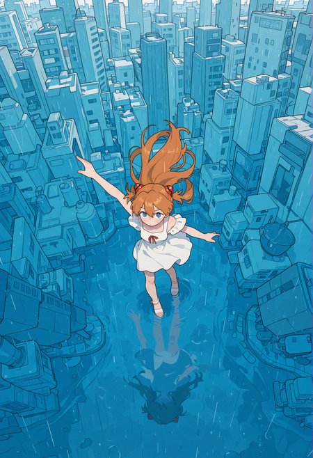 very awa, (flat color:0.9), (opossumachine:0.8), 1girl, souryuu asuka langley, white dress, day, cityscape, rain, from above, [masterpiece:0.15], [best quality:0.15], [newest:0.15], [absurdres:0.15],