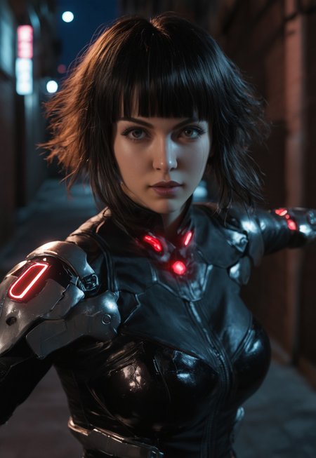 A cosplay girl big boobs wearing cyborg costume in a cyberpunk city alley at night, Cyber-Samuraji, high action pose, highly detailed, reflective armor, shadows
(((((upper body))))), dynamic pose
 <lora:Dynamic Poses:1>
 <lora:detailed_notrigger:1>
(((full clothed)))