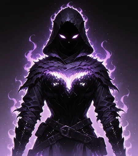 <lora:Shadows_v2_Buns:0.65> sh4d0w, purple aura, glowing, solo, Rogue, wearing Leather armor, hooded cloaks, masterpiece, best quality, amazing quality