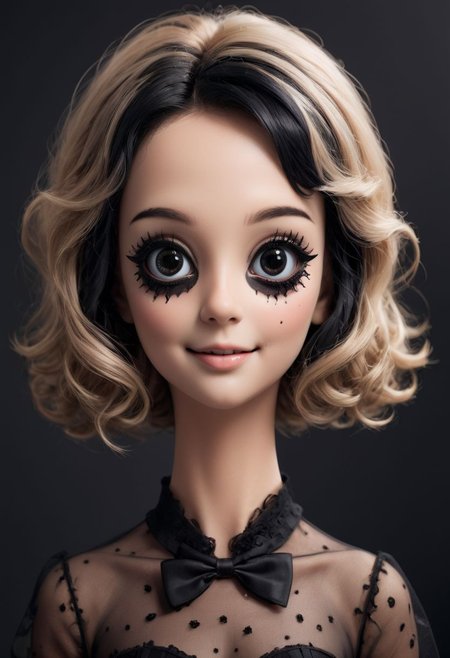 A surreal mind bending image of a cute little doll, pretty dress, adorable smile, (pure black eyes:1.9), (black mascara around eyes, black eye shadow:1.9)
