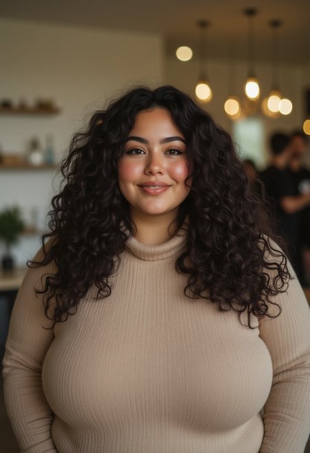 FictionalVera,a chubby homely latina woman, long curly hair, wearing a beige turtleneck, soft smile