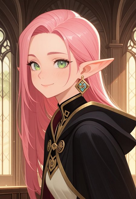 masterpiece, best quality, amazing quality,,<lora:afkArenaIllustrious:1>
afkarenastyle,
1girl, female elf, solo, portrait, female focus, pink hair, green eyes, slim, long hair, hair swept to one side, light skin, smile, looking at viewer, outdoors, beautiful, black cloak with gold trimming, earrings, indoors, arcane library