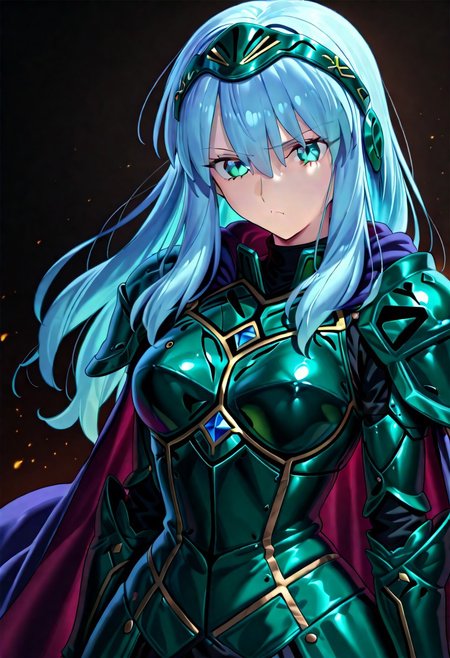 score_9, score_8_up, score_7_up, ((solo)), calm, pout, closed mouth, 1girl, solo, (medium breasts, thin waist, wide hips), peaceful, closed mouth, adult, (((eirika face))), (((cyan hair, cyan eyes))), ((long hair, hair between eyes)), (((indigo cape, metal headband, green metal_uniform, metal breast_armor))), no background, dark background, cowboy shot, dark background, portrait, Expressiveh,