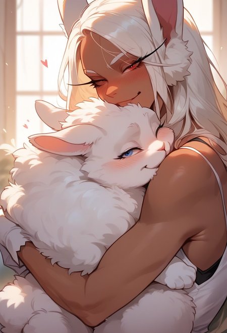 score_9, score_8_up, score_7_up, score_6_up,  <lora:p3tl0v3XLP:1> p3tl0v3, 1girl, rumi usagiyama, dark skinned female, hugging a white rabbit,