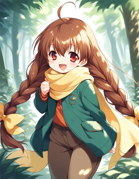 score_9, score_8_up, score_7_up, source_anime, rating_explicit, BREAK  <lora:Pasocom_Paradise_2001.8_XL:0.9>Pasocom_Paradise_2001.8, very long hair, twin braids, ahoge, bangs, brown hair, red eyes, hair between eyes, Yellow bow, short stack,
yellow scarf, green coat, brown pants, shoes, happy, standing, forest, looking at viewer, cowboy Shot,
looking at viewer, 
cowboy_Shot,