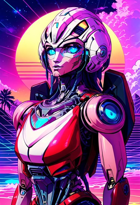 score_9, score_8_up, score_7_up, screencap, detailed eyes, looking at viewer, bust shot, multiple views, perfect face, arceerotb, autobot, 1girl, red and white body, mechanical parts, robot, helmet-like head, robotic face, glowing blue eyes, autobot symbol on forehead, fairing-like chest, wheels on back, narrow waist, synthwave, vaporwave, wave, lasers, sunset, synthwave-galaxy, unique pose, unique angle