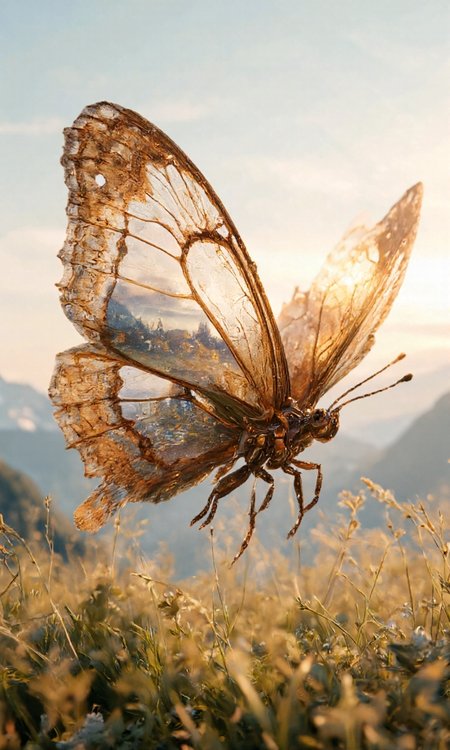 digital artwork featuring a butterfly with an intricate, surreal design. The butterfly's wings are semi-transparent, allowing the viewer to see a landscape scene through them. The landscape depicted is a serene meadow with tall grasses and wildflowers, bathed in the soft, golden light of either sunrise or sunset. The sky is a gradient of pastel colors, transitioning from light blue to pale pink and yellow, suggesting a peaceful, tranquil atmosphere. The butterfly's body and legs are detailed with intricate textures and patterns, adding a realistic touch to the fantastical image. The background consists of misty, ethereal mountains shrouded in a soft, hazy light, which enhances the dreamlike quality of the artwork. The overall style is a blend of hyperrealism and surrealism, combining natural elements with imaginative design. The image is vivid and detailed, with a smooth, polished texture that emphasizes the delicate, almost ethereal quality of the butterfly and the landscape. The colors are rich and vibrant, creating a harmonious and calming visual experience.,aidmaimageupgrader,aidmaMJ6.1