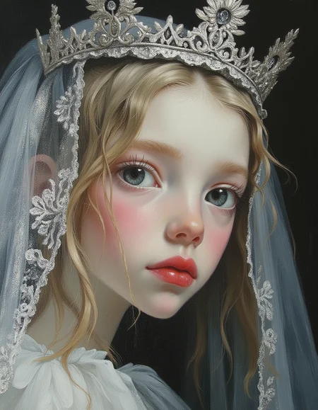Minimalist painting, close up, of a sad cute skinny teen princess, she has a serene look on her face, cute, serene, innocent and childlike, Her face is a pale, almost translucent white, with lips painted a vivid red. She wears a silver crown. Enchanted blue eyes. blond hair, romantic, white skin, small nose, thin neck, realistic, romantic, Shallow depth of field. The painting shows shadow and light, Masterpiece, intricate lines, skinny and petite body, intriguing atmosphere, sharp magnificent details, delicate features, elaborate details, (2/3 rule composition:0.5), ultra detailed, romantic, Rembrandt lighting, brush stroke, lovely, del1cate_balance style, novuschroma, in the style of Rembrandt. vantablack <lora:style_of_Rembrandt_FLUX_135:.8> <lora:- Flux1 - vanta_black_V2.0:.8> <lora:Delicate_Balance:.3> <lora:neeeg_f1:-1> <lora:113_novuschromaFLX_1:.4>