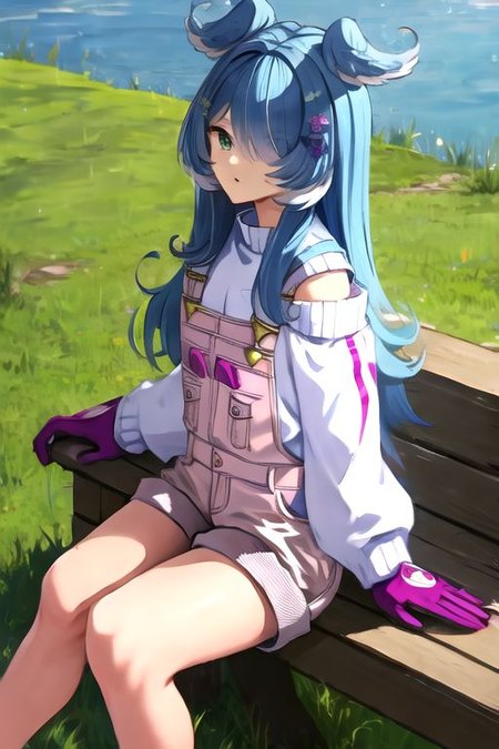 solo, 1girl, solo_focus, (((masterpiece))), ((best quality)), ((ultra-detailed)), high resolution, absurdres, highres, ultra-detailed 8k unity wallpaper, 
elira1st, long sleeves, overalls, white sweater, off shoulder, grey gloves, one eye covered, overall shorts