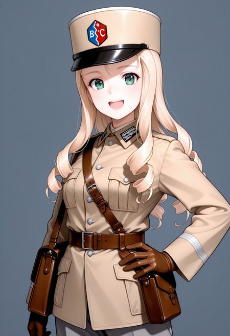 masterpiece,best quality,absurdres,highres,very aesthetic,high quality,detailed,insanely detailed,beautiful,perfect lighting, looking at viewer,
 <lora:Marie (gup) illu:1>1girl, green eyes, military hat, blonde hair, long hair, brown gloves, military uniform, white background, sam browne belt, open mouth, smile, brown jacket, drill hair, long sleeves, grey pants, simple background, kepi, standing, looking at viewer, hand on own hip, alternate costume, cowboy shot, world war ii, bc freedom (emblem), satchel