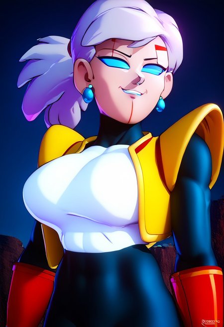 score_9, score_8_up, score_8, -1woman,solo, Mature woman, pants on, markings on face, red markings , fully clothed, eyes all blue, solid blue eyes 4k, High Quality, yellow vest, white top, gray hair female, blue eyes, no inner eye, no pupils, nothing in eyes, blank eyes, tight black bodysuit pants, red eyebrows, red under mouth, blue sclera, no iris , big breasts,  big chest, big shoulders, big arms, big legs, big thighs, female wearing a black lycra, vegeta sufurujin jacket, tight-fitting black lycra, sufurujin vegeta outfit, red marking on chin, red marking below mouth,no whites in female's eye, no inner eye on female, one solid eye color, evil smile, evil expression,  
-
Davidsm , tied pigtail,
-
, style of akira toriyama, earrings,standing, jewelry,