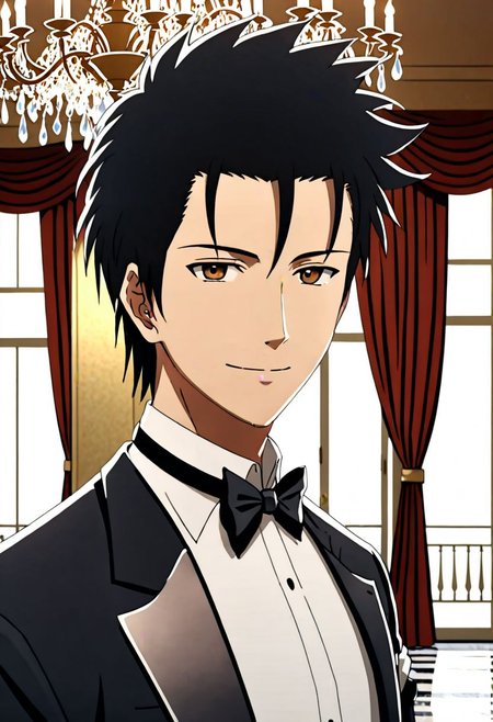 Highres, Masterpiece, High Quality, 4K, 8K, solo, 1Boy, Soujirou Agata, brown eyes, black hair, ballroom, luxury hotel, luxury room, marble floor, crystal chandelier, classic ornaments, tuxedo, smile, musterius, classy, confident, rich, easynegative, detailed_eye_model
