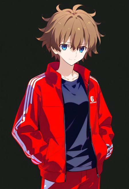 (score_9, score_8_up, score_7_up, source_anime), ((solo)), calm, closed mouth, 1girl, solo, peaceful, closed mouth, small smile, lazy, ((oreki_houtarou)), masculine, brown hair, blue eyes, short hair, ((spiky hair, pointy hair, messy hair)), hair between eyes, red tracksuit, red tracksuit, tracksuit jacket, red jacket, plain jacket, open jacket, black shirt, collard shirt, plain shirt, red trousers, hands in pockets, no background, dark background, cowboy shot, dark background, portrait, prototype design, Expressiveh, takeuchi takashi