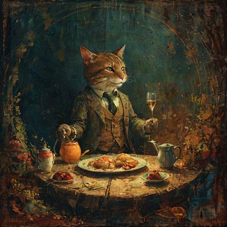 DORIAN an elegant gentleman, ate a hearty breakfast, and watched a Munchkin, who played with Toto and pulled his tail and crowed and laughed in a way that greatly amused Dorothy.  <lora Dreamyvibes Artstyle:0.4>