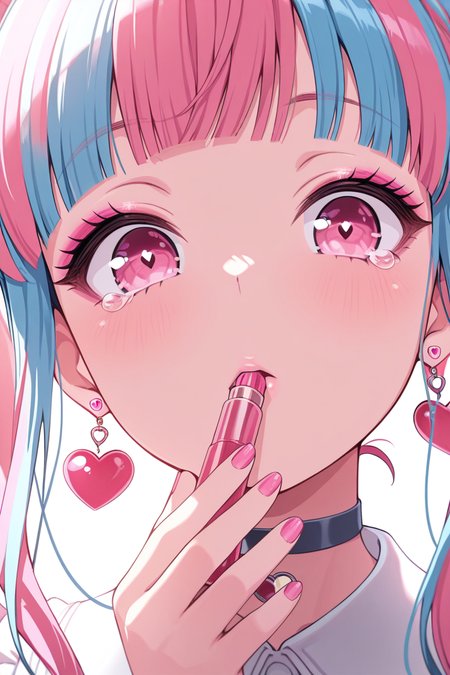 masterpiece, best quality, amazing quality,
 <lora:PAREO_IL:1> pareo, 1girl, heart earrings, earrings, jewelry, solo, blue hair, multicolored hair, pink hair, heart, bangs, pink eyes, looking at viewer, pink nails, choker, holding, portrait, makeup