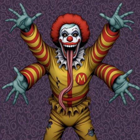 masterpiece, best quality, 
1boy, solo, 
ronald mcdonald, 
monster, open mouth, long tongue, teeth, 
spikes, black sclera, 
clown, zombie, smile, 
looking at viewer, outstretched arms, 
torn clothes, stitches, 
abstract background,