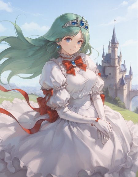 masterpiece, best quality,  (heavy film grain:1.3),  <lora:IL-o-StS_Age_Slider_Illustrious_v1:-1>, (fantasy world:1.4),  (realistic:0.4),  <lora:IL-g-1equals2_v1_5:0.5>,  <lora:memento mori:0.5>, <lora:GraphiteSketch:0.3> gr4ph1t3, sketch, multiple angle,
(1 girl, solo:1.3),  <lora:Princess_Melora_TwinBee_IS:1> Princess_Melora(TwinBee),1girl,solo, long hair, blue eyes, green hair, tiara, blue jewelry,large breasts,
elbow gloves, puffy sleeves, white dress, white gloves, frills, earrings, juliet sleeves, white gloves, red ribbon,, (smile quietly:0.7), wind, looking viewer, castle,