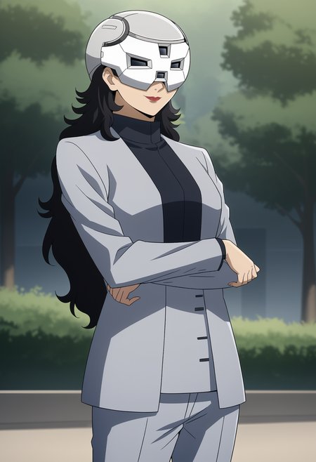 <lora:Prospera_Mercury-Suisei_no_Majo:0.85>,prospera,1girl,solo,black hair,long hair,mask,helmet,lipstick,helmet over eyes, 
formal,pants,crossed arms, standing, cowboy shot, looking at viewer, smile,outdoors