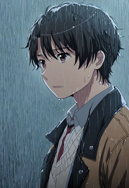 high resolution, solo, best quality, 1Boy, Inaho Kaizuka, Black Hair, Brown Eyes, heavy rain, downtown, night, looking down, sad, leather jacket, looking away, wet, wet hair, OverallDetail