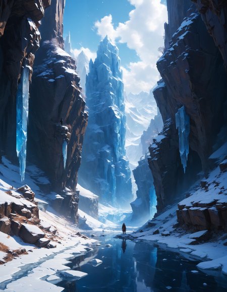 1person, solo,  standing in the middle of a frozen canyon with sky-high crystalized pillars, inspired by Andreas Rocha, fantasy art, on a planet of snow and ice,  Wadim Kashin. ultra realistic, beautiful dark landscape, (intricate details, masterpiece, best quality:1.4)
<lora:add-detail-xl:0.5> <lora:xl_more_art-full_v1:0.5> <lora:looking_at_viewer:2>