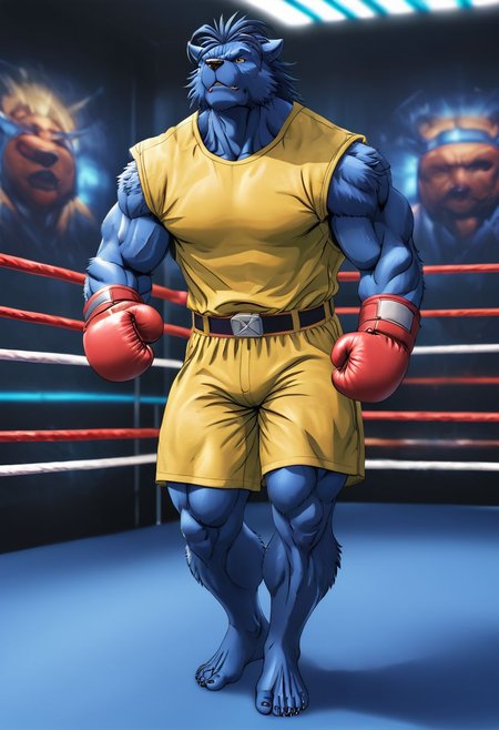 (((Barefoot furry character, full body, cinematic setting, furry male, plantigrade))) 
Beast from X-Man, muscular, beefy, brawny, black and yellow shorts, black and yellow t-shirt, standing in boxing ring, kick-box stance
BREAK, detailed background, 8K, (masterpiece:1.5), intricate details, highly detailed, extreme detail, octane render, fine art, best quality, highres, (detailed face:1.5), ((full_body)), UHD, (((perfect hands))), low light